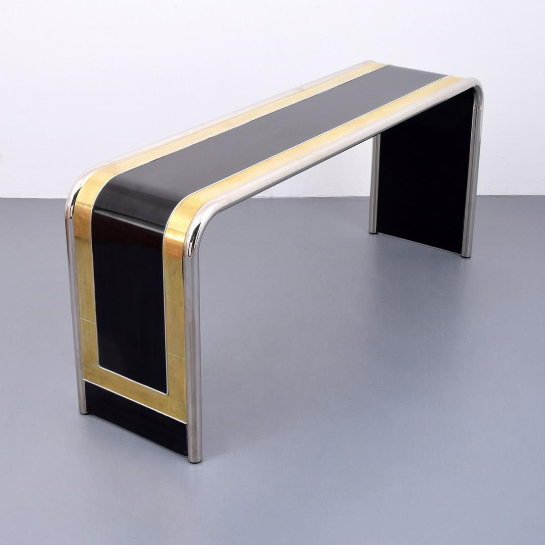 Bernhard Rohne Console Table: Artist/Designer; Manufacturer: Bernhard Rohne; Mastercraft Marking(s); notes: no marking(s) apparent Country of origin; materials: USA; brass, other Dimensions (H, W, D): 27.25"h, 62"w, 17"d Additiona