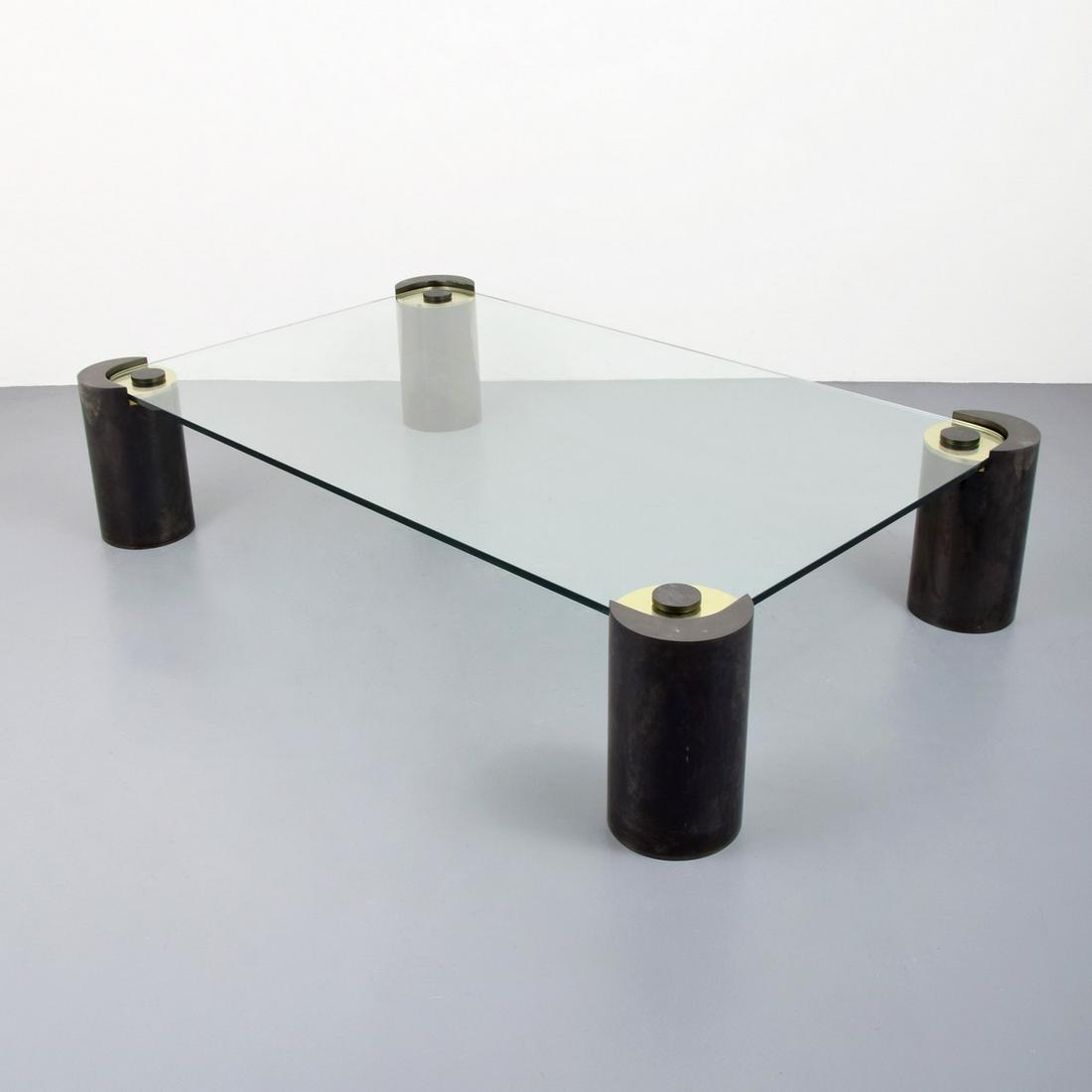 Large Karl Springer Coffee Table: Artist/Designer; Manufacturer: Karl Springer; Karl Springer Ltd. Marking(s); notes: no marking(s) apparent Country of origin; materials: USA; metal, brass, glass Dimensions (H, W, D): 18"h, 91"w, 62"d
