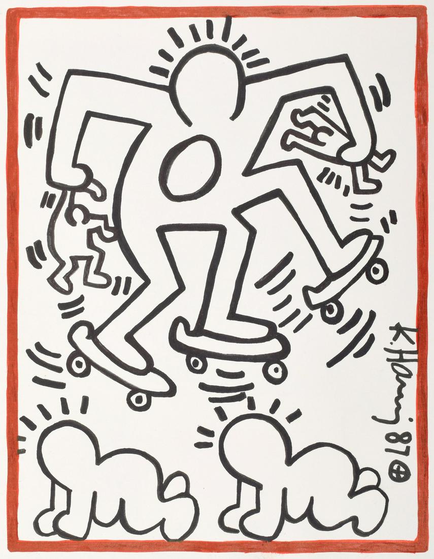 Keith Haring "Man on Skates" Ink Drawing, Estate COA: Artist/Designer; Manufacturer: Keith Haring (1958-1990) Marking(s); notes: signed; 1987 Country of origin; materials: American; ink on paper Dimensions (H, W, D): 14.5"h, 11.5"w sight; 16.5"h, 11.875"