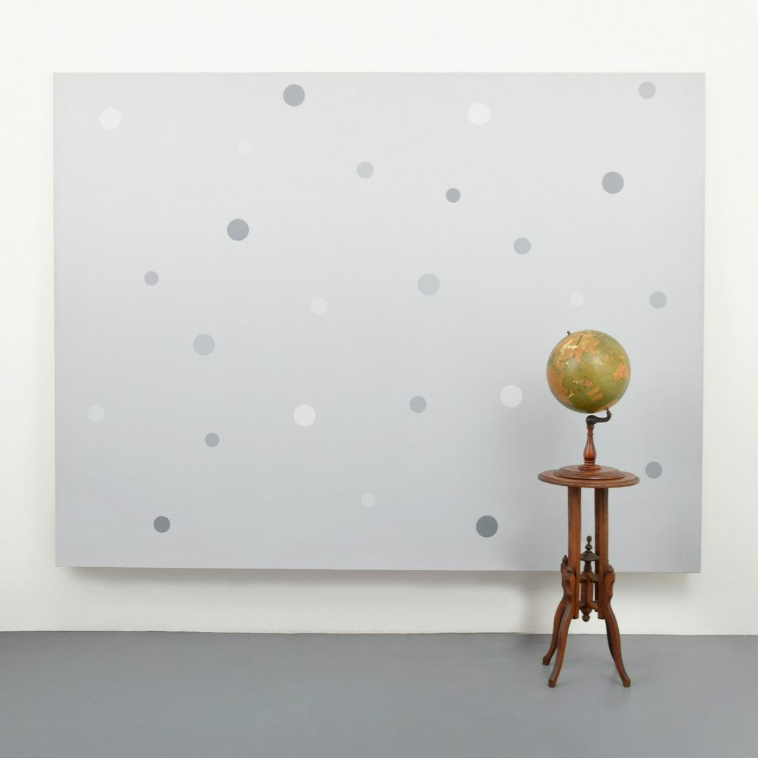 Annette Lemieux Mixed Media Installation: Artist/Designer; Manufacturer: Annette Lemieux (b. 1957) Marking(s); notes: no marking(s) apparent; 1986 Country of origin; materials: American; press type on globe with wood stand, oil on canvas Dime