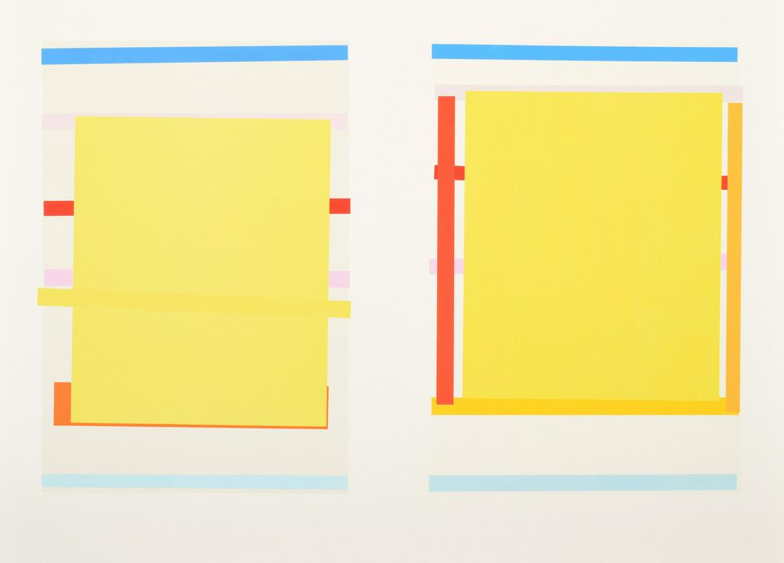 Imi Knoebel Lithograph Diptych with Hand Stenciling: Artist/Designer; Manufacturer: Imi Knoebel (b. 1940) Marking(s); notes: signed; ed. 32/60; 1996 Country of origin; materials: German; color lithograph with hand stencil printing on Somerset Soft White