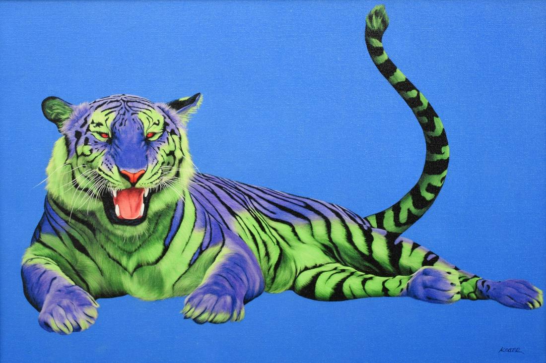 Helmut Koller Tiger Giclee Print, Signed Edition: Artist/Designer; Manufacturer: Helmut Koller (b. 1954) Marking(s); notes: signed twice (once by hand, once in plate), artist's stamp; ed. 1/250 Country of origin; materials: Austrian; giclee on canvas