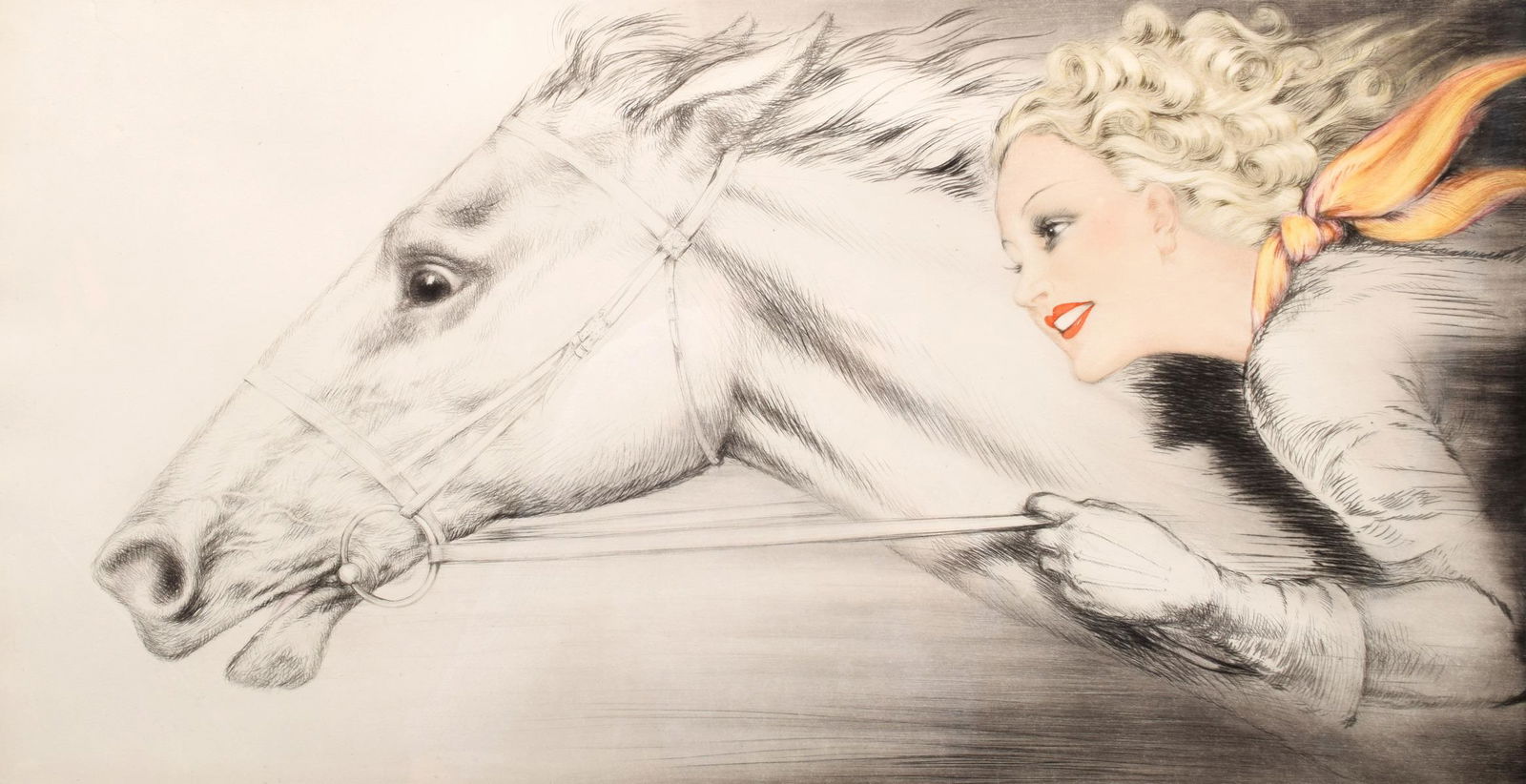 Louis Icart "Thoroughbreds" Etching, Signed: Artist/Designer; Manufacturer: Louis Icart (1888-1950) Marking(s); notes: signed, blind stamp; 1938 Country of origin; materials: French; etching, drypoint and aquatint with hand-coloring Dimensions (