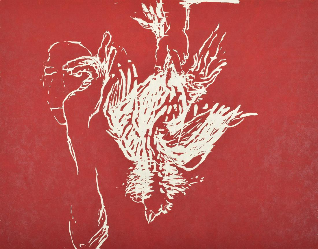Susan Rothenberg "Dead Rooster" Woodcut, Signed Ed: Artist/Designer; Manufacturer: Susan Rothenberg (1945-2020) Marking(s); notes: signed; AP 9/10 for the edition of 20; 1993 Country of origin; materials: American; woodcut in red on Korean Kozo paper D