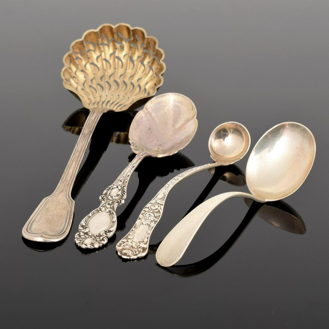 4 Sterling Silver Spoons; Georg Jensen ...: Artist/Designer; Manufacturer: Georg Jensen, George W. Shiebler & Co., Philippe Berthier, R. Wallace & Sons Mfg. Co. Marking(s); notes: marking(s) Country of origin; materials: USA, France, Denmark; s