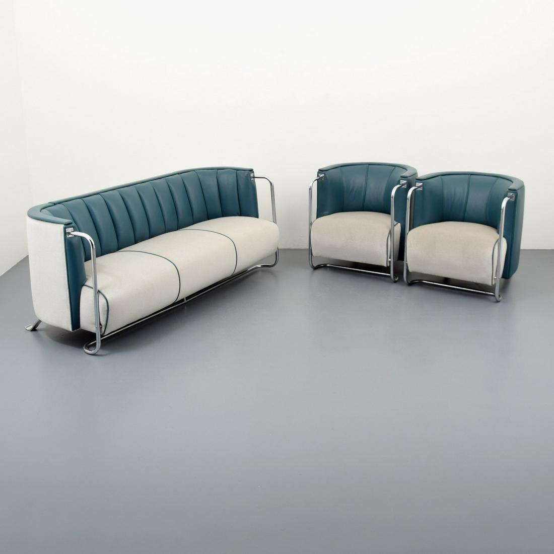 Pair of Gilbert Rohde Lounge Chairs & Sofa, Machine Age: Artist/Designer; Manufacturer: Gilbert Rohde; Troy Sunshade Co. Marking(s); notes: no marking(s) apparent Country of origin; materials: USA; chromed metal, leather Dimensions (H, W, D): sofa: 28"h, 68