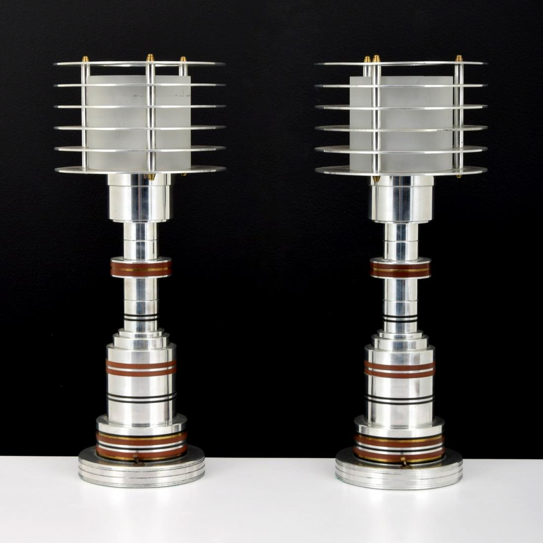 Pair of Walter von Nessen Lamps, Machine Age: Artist/Designer; Manufacturer: Walter von Nessen; Pattyn Products Co. Marking(s); notes: partial label Country of origin; materials: USA; aluminum, Bakelite, frosted glass, brass Dimensions (H, W, D):