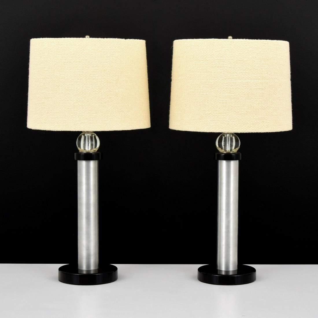 Pair of Russel Wright Lamps: Artist/Designer; Manufacturer: Russel Wright Marking(s); notes: no marking(s) apparent Country of origin; materials: USA; aluminum, glass, other Dimensions (H, W, D): 29"h, 7"dia each; shade: 10.25"h,