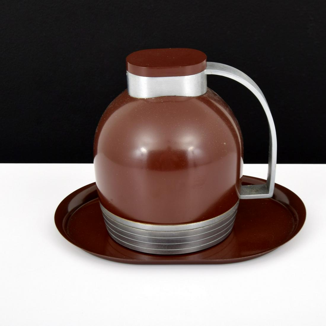 Henry Dreyfuss Vacuum Thermos Brand Vessel & Tray Set: Artist/Designer; Manufacturer: Henry Dreyfuss; The American Thermos Bottle Co. Marking(s); notes: signed, marking(s) Country of origin; materials: USA; enameled and brushed aluminum, enameled steel tr