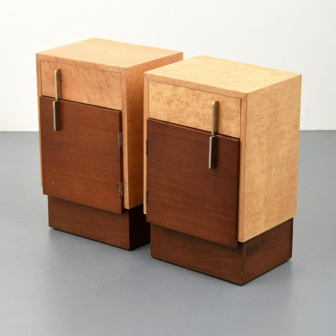 Pair of Gilbert Rohde Nightstands / End Tables: Artist/Designer; Manufacturer: Gilbert Rohde; Herman Miller Marking(s); notes: marking(s) Country of origin; materials: USA; bird's eye maple, walnut, metal Dimensions (H, W, D): 25.5"h, 16"w, 12.5"d 