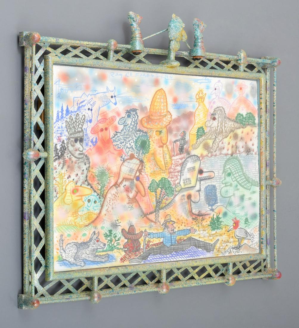 Large Roy de Forest Painting: Artist/Designer; Manufacturer: Roy de Forest (1930-2007) Marking(s); notes: signed; 1994 Country of origin; materials: American; mixed media on paper Dimensions (H, W, D): 29.25"h, 41.5"w; 45"h, 52.5"