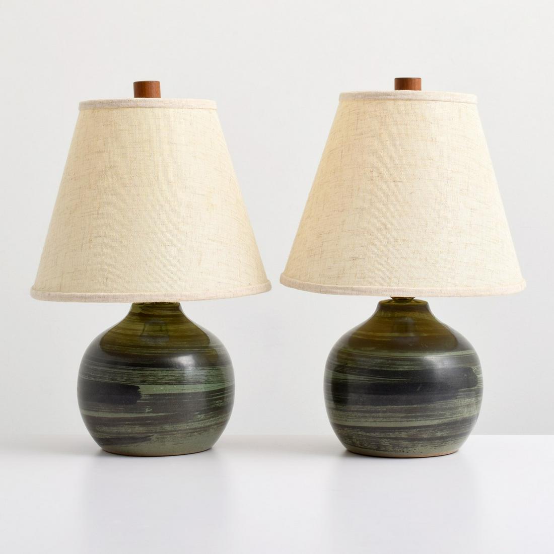 Pair of Gordon & Jane Martz Lamps: Artist/Designer; Manufacturer: Gordon & Jane Martz; Marshall Studios, Inc. Marking(s); notes: signed, labels Country of origin; materials: USA; ceramic, metal, wood Dimensions (H, W, D): 17"h, 6.5"dia