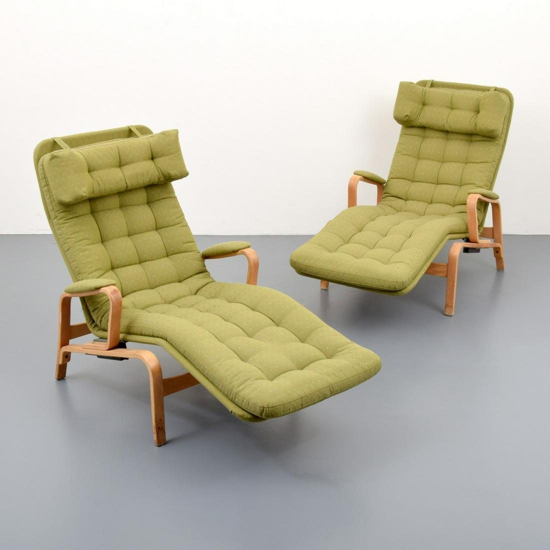 Pair of Chaise Lounge Chairs, Manner of Bruno Mathsson: Artist/Designer; Manufacturer: Bruno Mathsson, manner of; unknown Marking(s); notes: no marking(s) apparent Country of origin; materials: country of origin unknown; wood, metal, upholstery Dimensions