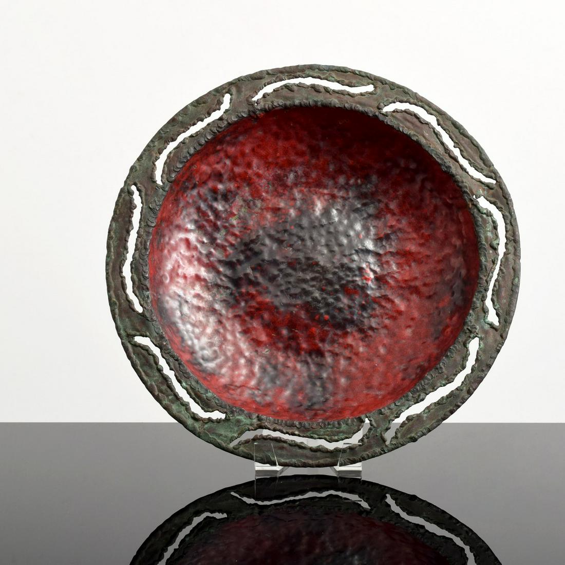 Marcello Fantoni Enameled Copper Bowl / Charger: Artist/Designer; Manufacturer: Marcello Fantoni; Raymor Marking(s); notes: signed, marking(s) Country of origin; materials: Italy; copper, enamel Dimensions (H, W, D): 1.75"h, 14"dia Additional Inform