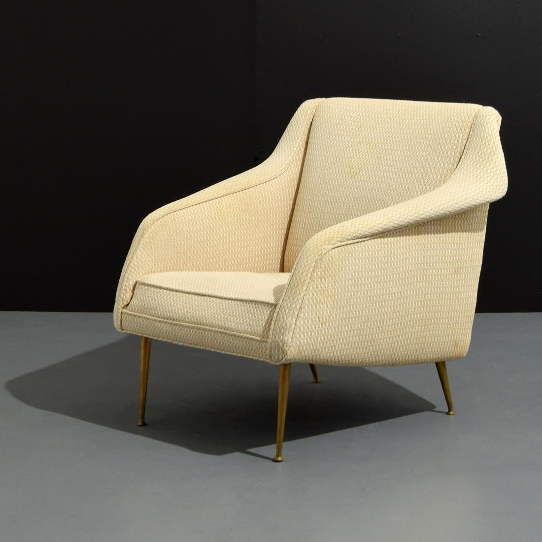 Rare Carlo de Carli Lounge Chair: Artist/Designer; Manufacturer: Carlo de Carli; Singer & Sons Marking(s); notes: no marking(s) apparent Country of origin; materials: Italy; wood, metal, upholstery Dimensions (H, W, D): 29.5"h, 32.5"