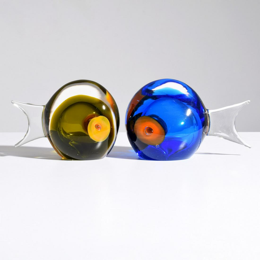 2 Antonio Da Ros "Sommerso" Fish Sculptures, Murano: Artist/Designer; Manufacturer: Antonio Da Ros; Cenedese Marking(s); notes: no marking(s) apparent Country of origin; materials: Italy; glass Dimensions (H, W, D): largest: 5"h, 7.5"w, 3.75"d Additiona