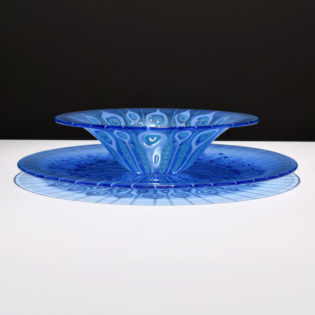 Michael & Frances Higgins Punch Bowl & Tray / Platter: Artist/Designer; Manufacturer: Michael Higgins, Frances Higgins; Higgins Studio Marking(s); notes: signed, marking(s) Country of origin; materials: USA; glass Dimensions (H, W, D): bowl: 3.5"h, 12.25"