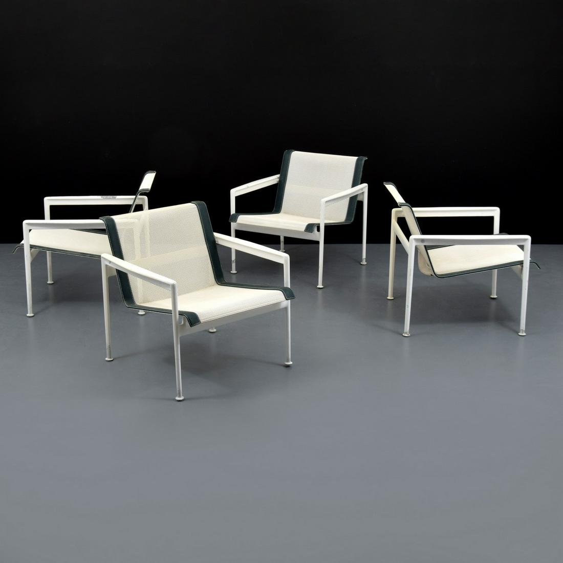 Richard Schultz Outdoor Lounge Chairs, Set of 4: Artist/Designer; Manufacturer: Richard Schultz; Knoll Marking(s); notes: signed Country of origin; materials: USA; enameled metal, mesh, vinyl Dimensions (H, W, D): 26"h, 26"w, 26"d; 15" seat height A