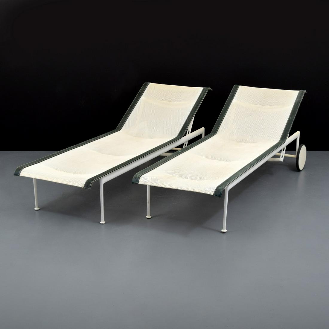 Richard Schultz Outdoor Chaise Lounge Chairs, Set of 2: Artist/Designer; Manufacturer: Richard Schultz; Knoll Marking(s); notes: signed Country of origin; materials: USA; enameled metal, mesh, vinyl Dimensions (H, W, D): 14"h, 77"w, 25.25"d (flat) each Add