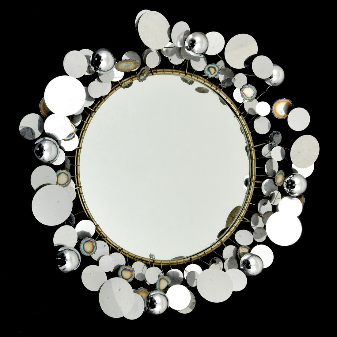 Large Curtis Jere "Raindrops" Mirror: Artist/Designer; Manufacturer: Curtis Jere; Artisan House Marking(s); notes: labels Country of origin; materials: USA; chromed metal, mirrored glass Dimensions (H, W, D): 29.25"dia, 6"d Additional Inf