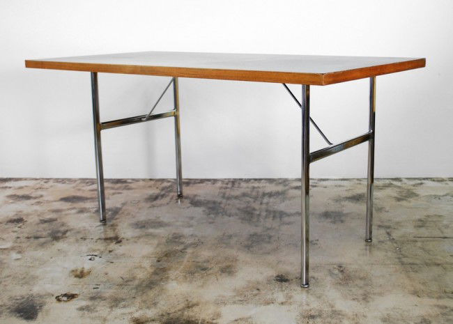 George Nelson Table: Designer & Manufacturer: George Nelson & Associates; Herman Miller Markings: remnant of partial label Country of Origin & Materials: USA; wood, mica, chrome plated steel Additional Information & Circa