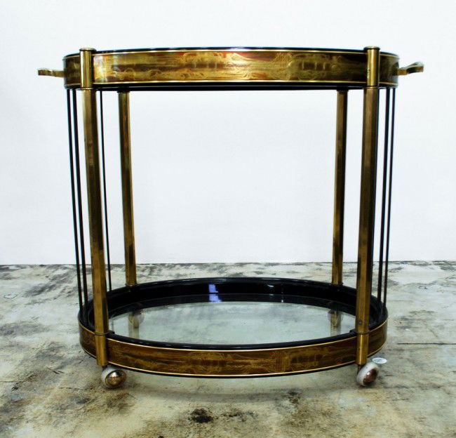 Bernhard Rohne Tea Cart: Designer & Manufacturer: Bernhard Rohne; Mastercraft Markings: none Country of Origin & Materials: USA; brass, glass Additional Information & Circa: Acid etched brass tea cart by Bernhard Rohne for Ma