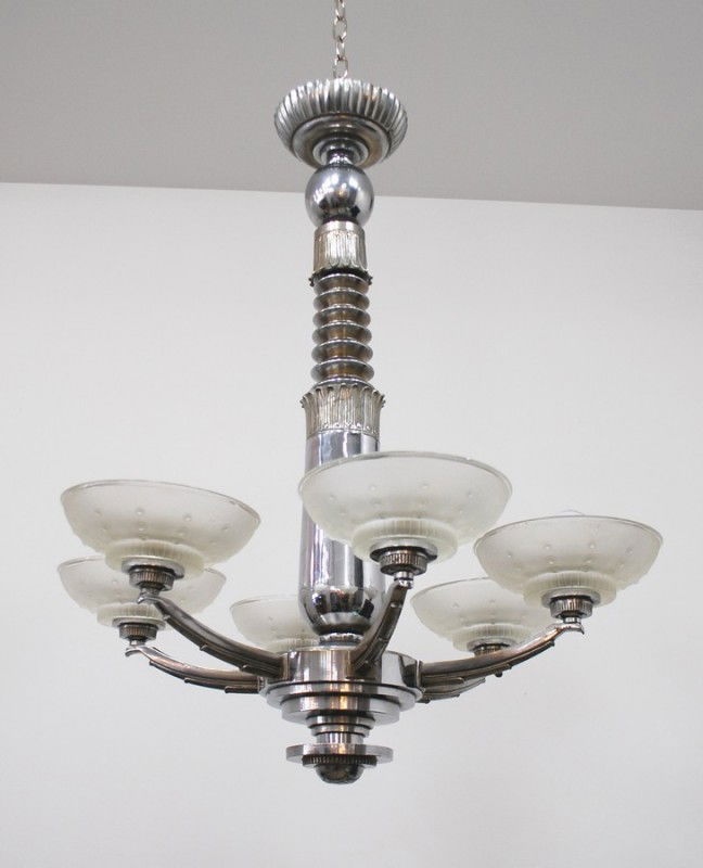 Jules Leleu Chandelier: Designer & Manufacturer: Jules Leleu Markings: shades signed Country of Origin & Materials: France; metal, glass Additional Information & Circa: Fine & rare Art Deco chandelier with 6 lights by Jules