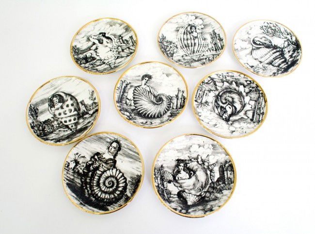 Piero Fornasetti, Set of Coasters: Designer & Manufacturer: Piero Fornasetti; Fornasetti Markings: printed markings Country of Origin & Materials: Italy; porcelain Additional Information & Circa: Set of drink coasters by Piero Fornaset
