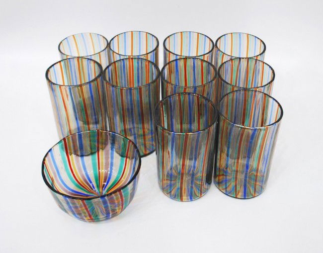 Gio Ponti Set of Tumblers & Bowl: Designer & Manufacturer: Gio Ponti; Venini Markings: none Country of Origin & Materials: Italy; glass Additional Information & Circa: Fine set of 10 tumblers and single bowl by Gio Ponti; Circa 1950 D