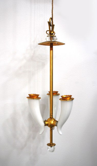 Gio Ponti & Pietro Chiesa Chandelier: Designer & Manufacturer: Gio Ponti, Pietro Chiesa; Fontana Arte, attributed Markings: none Country of Origin & Materials: Italy; lattimo and clear glass, gilt brass Additional Information & Circa: Fin