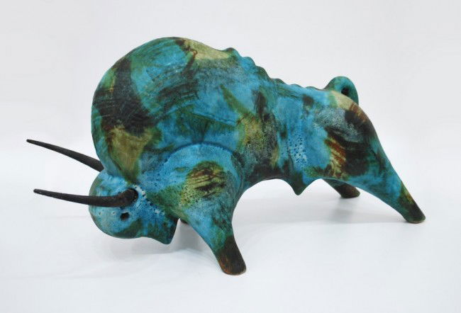 Bull Sculpture, Manner of Bitossi: Designer & Manufacturer: Bitossi, Manner of Markings: impressed "Made in Italy" Country of Origin & Materials: Italy; iron, pottery Additional Information & Circa: Large bull sculpture with metal horn