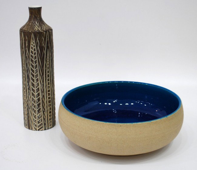 Upsala Ekeby Vase & Danish Bowl: Designer & Manufacturer: Upsala (Uppsala-Ekeby)Ekeby Markings: various markings Country of Origin & Materials: Sweden, Denmark; pottery Additional Information & Circa: Upsala Ekeby/Sweden bottle-form