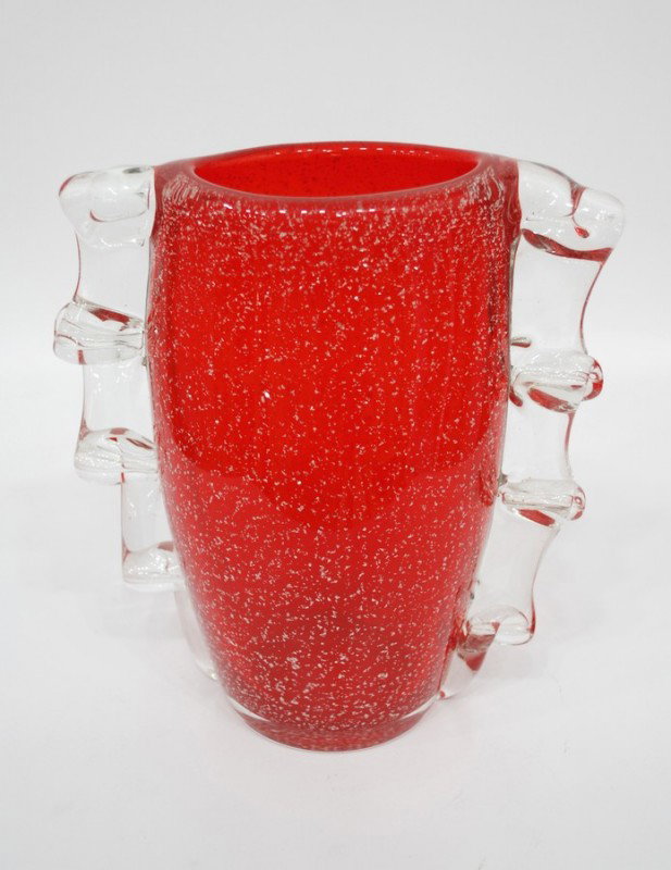 Barovier & Toso Vase: Designer & Manufacturer: Barovier & Toso Markings: none Country of Origin & Materials: Italy; glass Additional Information & Circa: Colorful vase with silver aventurine and clear sculpted handles by B
