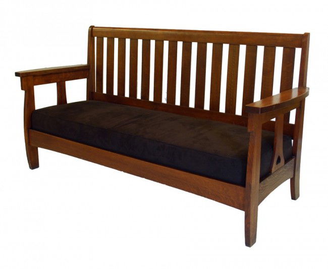 Charles Limbert Settee: Designer & Manufacturer: Charles Limbert; Limberts Arts & Crafts Markings: marked Country of Origin & Materials: USA; oak, upholstery Additional Information & Circa: Fine mission settle #649 by Charle