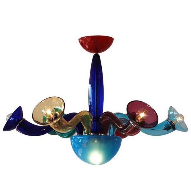 Murano Chandelier by VeArt: Designer & Manufacturer: VeArt Markings: label Country of Origin & Materials: Italy; glass Additional Information & Circa: Colorful blown glass chandelier with 6 arms by VeArt; Circa 1980 Dimensions(H