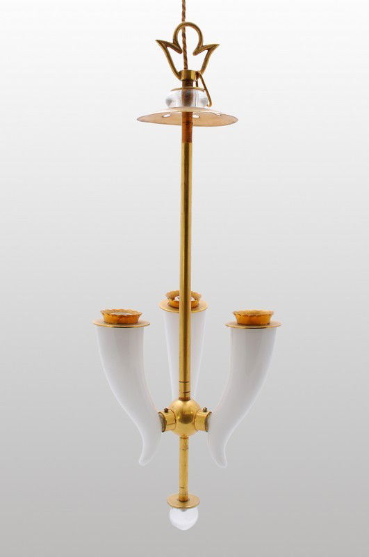 Murano Chandelier Attributed to Gio Ponti: Designer & Manufacturer: Gio Ponti & Pietro Chiesa; Fontana Arte, attributed Markings: none Country of Origin & Materials: Italy; glass, gilt brass Additional Information & Circa: Fine & rare chandeli