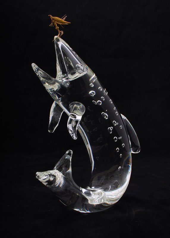 Fine Crystal Steuben Trout & Fly with 18K Gold: Designer & Manufacturer: James Houston; Steuben Markings: signed Country of Origin & Materials: USA; crystal, 18K gold Additional Information & Circa: Fine crystal trout with 18K gold "Royal Coachman"