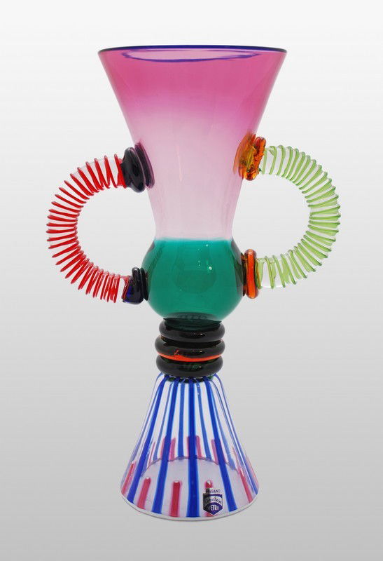 Colorful Murano Vase by Gino Cenedese: Designer & Manufacturer: Gino Cenedese; Cenedese Markings: signed, label, e. 134/300 Country of Origin & Materials: Italy; glass Additional Information & Circa: Colorful blown glass handled vase by Gi