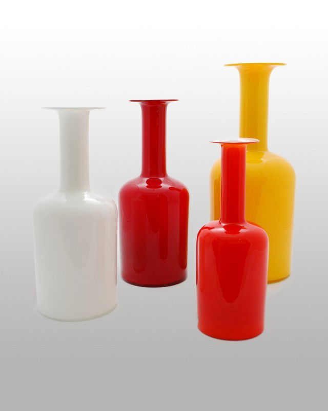 Set of 4 Vases by Otto Brauer: Designer & Manufacturer: Otto Brauer; Holmegaard Markings: none Country of Origin & Materials: Denmark; glass Additional Information & Circa: Set of 4 colorful "Gulvase" vases by Otto Brauer for Holme