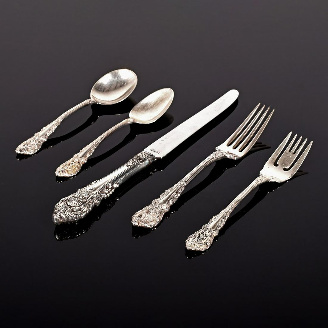 Wallace "Sir Christopher" Sterling Flatware Service, 118 pieces: Artist/Designer; Manufacturer: Wallace Silversmiths Marking(s); notes: signed, sterling imprint, stainless imprint, marking(s) Country of origin; materials: USA; sterling silver, stainless steel Dimen