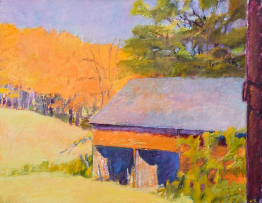 Wolf Kahn Landscape Painting, 51"W: Artist/Designer; Manufacturer: Wolf Kahn (1927-2020) Marking(s); notes: signed (initials), marking(s); 1976 Country of origin; materials: German/American; oil on canvas Dimensions (H, W, D): 40.25"h,