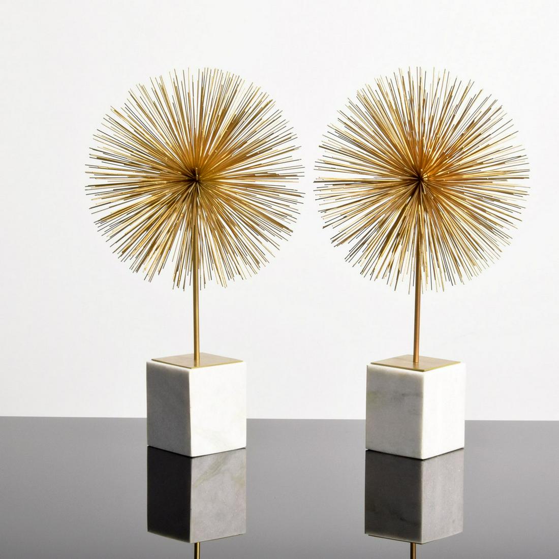 Pair of Sculptures, Manner of Curtis Jere: Artist/Designer; Manufacturer: Curtis Jere, manner of Marking(s); notes: no marking(s) apparent Country of origin; materials: country of origin unknown; metal, marble Dimensions (H, W, D): 26"h, 14"di