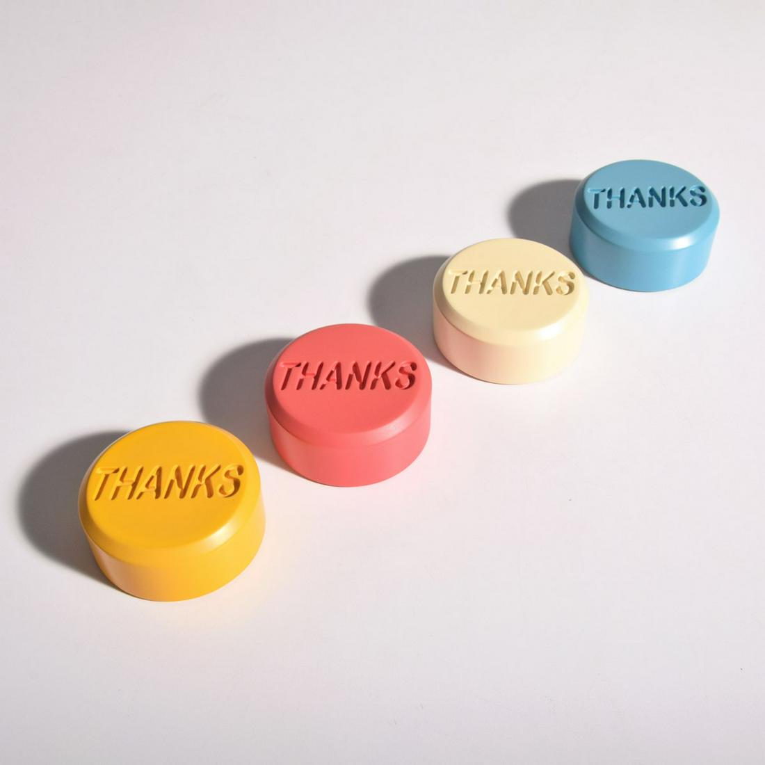 Allan McCollum "More Visible Markers" 4-Sculpture Set: Artist/Designer; Manufacturer: Allan McCollum (b. 1944) Marking(s); notes: signed, marking(s); 2000 Country of origin; materials: American; painted Hydrocal Dimensions (H, W, D): 1.75"h, 4"dia each; b