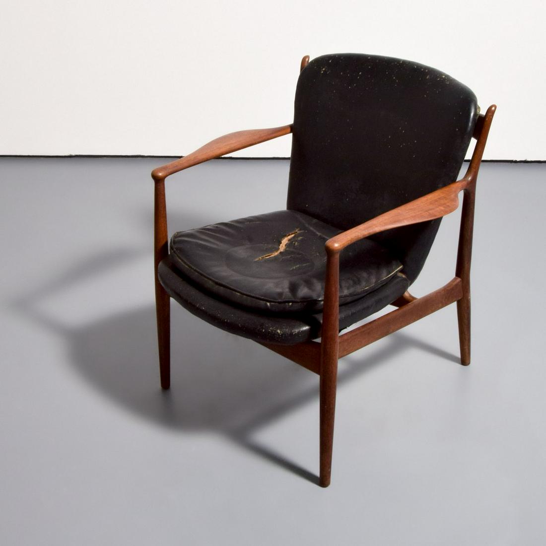Finn Juhl "Delegate" Lounge Chair: Artist/Designer; Manufacturer: Finn Juhl Marking(s); notes: no marking(s) apparent Country of origin; materials: Denmark; wood, leather Dimensions (H, W, D): 32.5"h, 29.5"w, 25.5"d; 18" seat height Ad