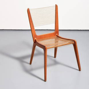 Jacques Guillon Cord Chair: Artist/Designer; Manufacturer: Jacques Guillon Marking(s); notes: no marking(s) apparent Country of origin; materials: Canada; wood, cording Dimensions (H, W, D): 33"h, 19"w, 21.5"d; 18" seat height A