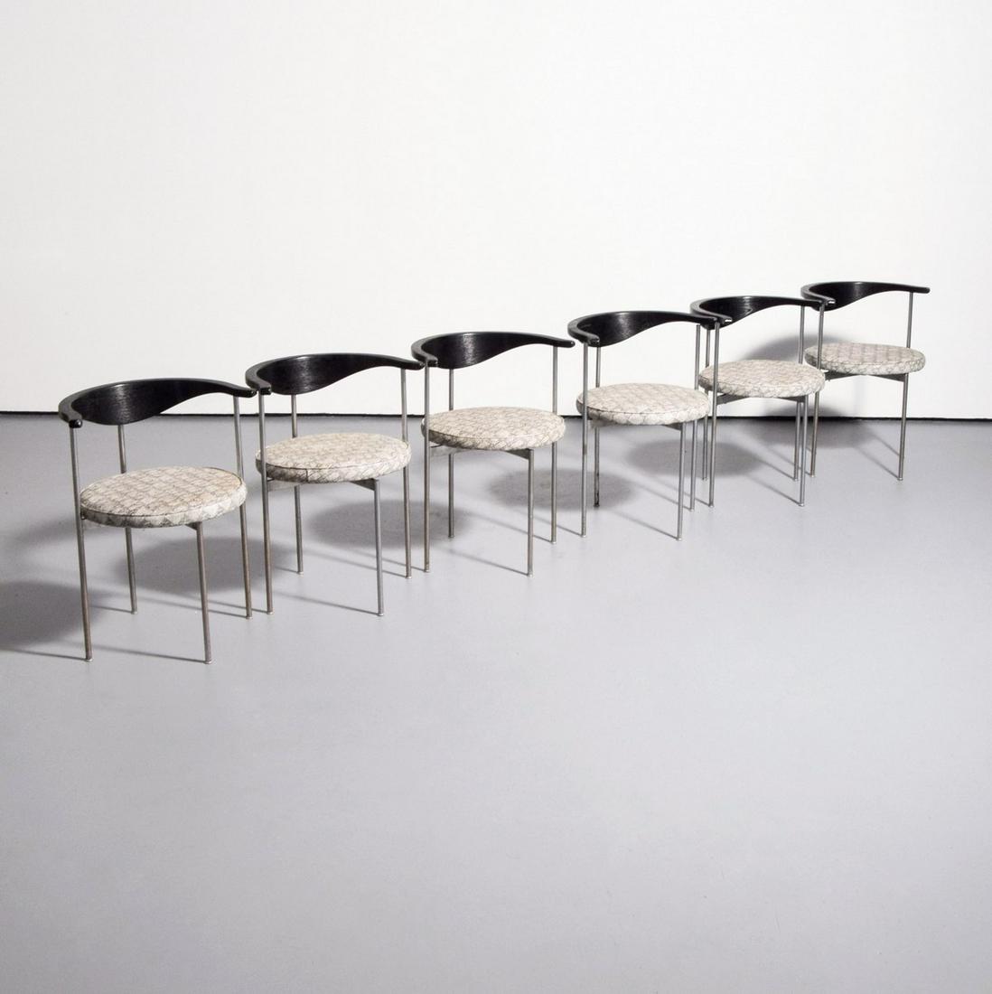 Set of 6 Frederick Sieck Dining / Side Chairs: Artist/Designer; Manufacturer: Frederick Sieck; Fritz Hansen Marking(s); notes: no marking(s) apparent Country of origin; materials: Denmark; metal, wood, upholstery Dimensions (H, W, D): 27.5"h, 21.7