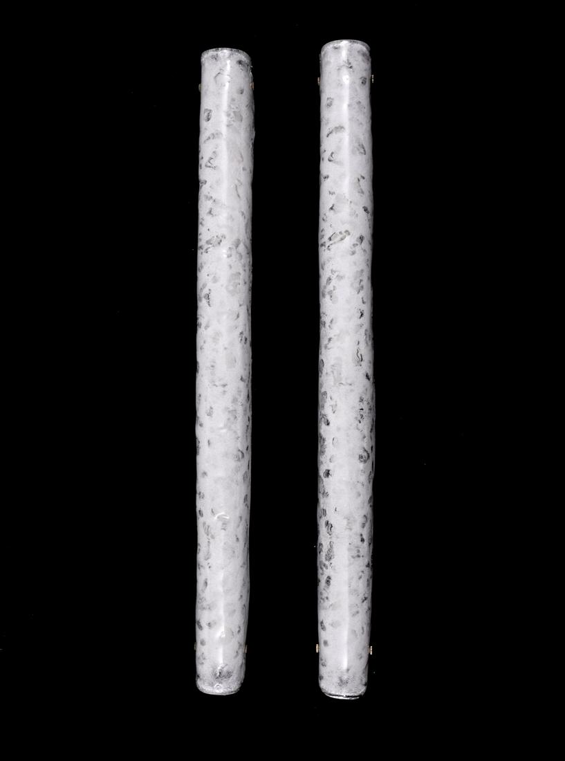 Pair of Sconces, Manner of Barovier & Toso: Artist/Designer; Manufacturer: Barovier & Toso, manner of Marking(s); notes: no marking(s) apparent Country of origin; materials: Italy; glass, brass, enameled metal Dimensions (H, W, D): 37"h, 3.25"w