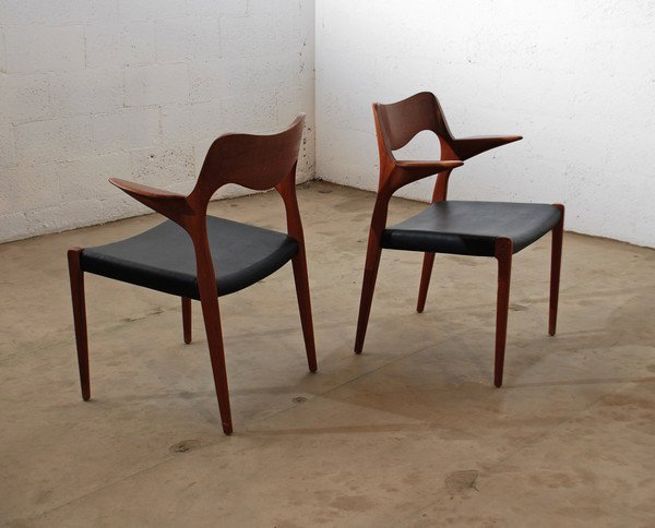 Niels O. Moller Pair of Dining Chairs: Designer & Manufacturer: Niels O. Moller Markings: label Country of Origin & Materials: Denmark; teak, upholstery Additional Information & Circa: Pair of arm chairs designed by Niels Otto Moller; 1944