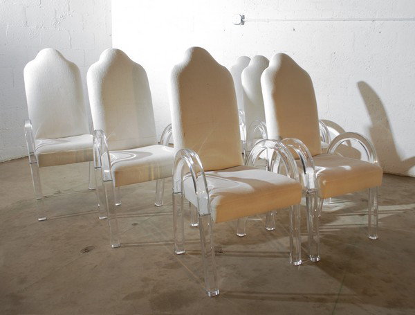 Charles Hollis Jones "Waterfall" Dining Chairs: Designer & Manufacturer: Charles Hollis Jones Markings: none Country of Origin & Materials: USA; lucite, upholstery, metal Additional Information & Circa: Set of 6 highback lucite "Waterfall" dining c