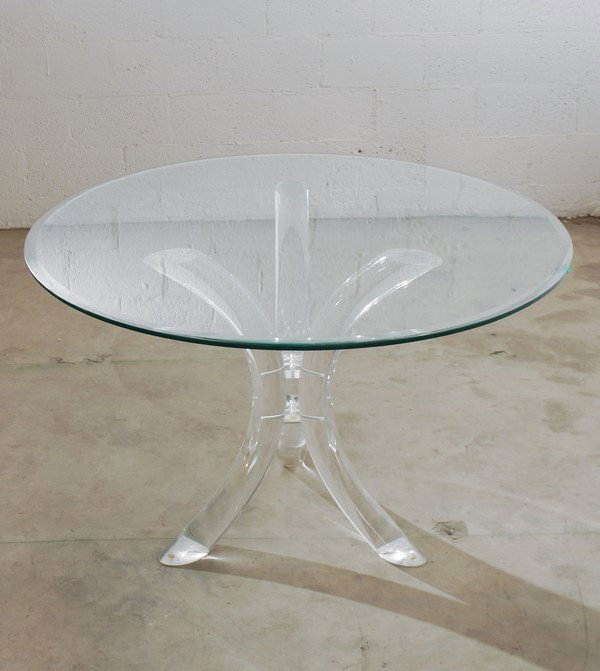Lucite Dining Table, Manner of Charles Hollis Jones: Designer & Manufacturer: Charles Hollis Jones/Pace, Manner of Markings: none Country of Origin & Materials: unknown; lucite, glass Additional Information & Circa: Quality lucite and beveled glass dini